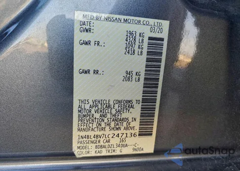 2020 Nissan Altima S из США, поврежденный, VIN 1N4BL4BV7LC247136